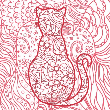 Karmaşık bir arkaplan. El yapımı desenli kedi. Yetişkinler için ruhsal rahatlama tasarımı