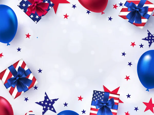 Fourth of July Sale banner. 4th of July holiday background with bright helium balloons, gift boxes, confetti stars