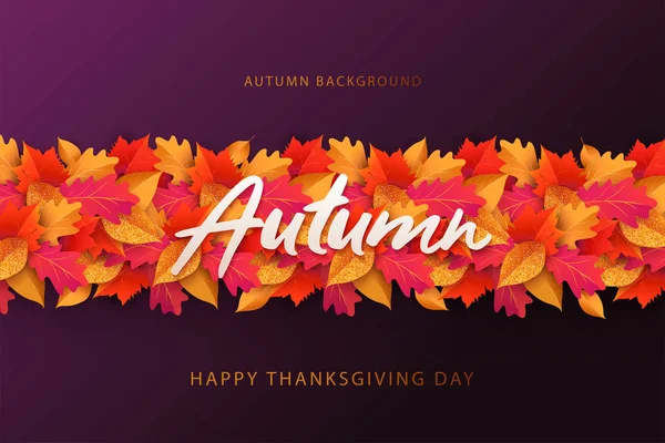 Autumn background, banner, poster or flyer design. Thanksgiving Day Vector illustration with bright beautiful leaves and lettering word Autumn.