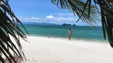 Bikinili genç güzel kadın bir tropikal plaj güneşli bir günde mavi denizin karşı yürüyor.