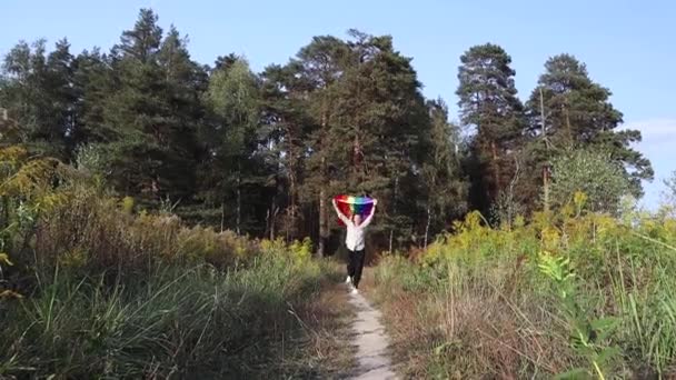 Lycklig Kvinna Körs Fältet Med Regnbågsflaggan Händer — Stockvideo