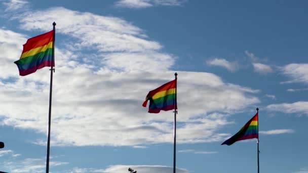 Drie regenboog vlaggen evolueren in de wind tegen een blauwe hemel op een zonnige dag. — Stockvideo