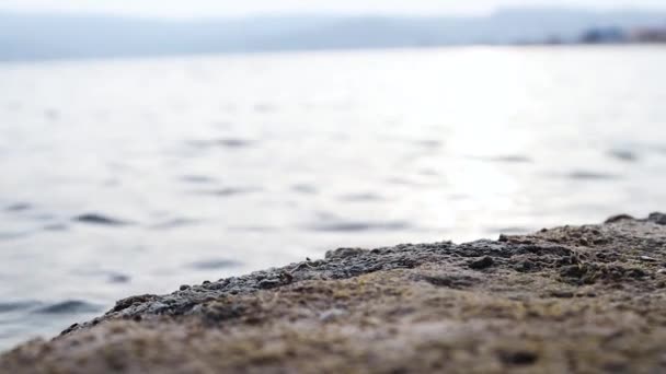 Vista de las grandes rocas planas en el mar, la cámara va a la izquierda . — Vídeo de stock