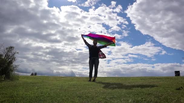 在阳光明媚的日子里 在蓝天背景的公园里 一位举着彩虹旗的女人 — 图库视频影像