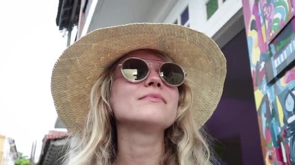 Portrait Une Jeune Belle Femme Blonde Coiffée Chapeau Paille Lunettes — Video