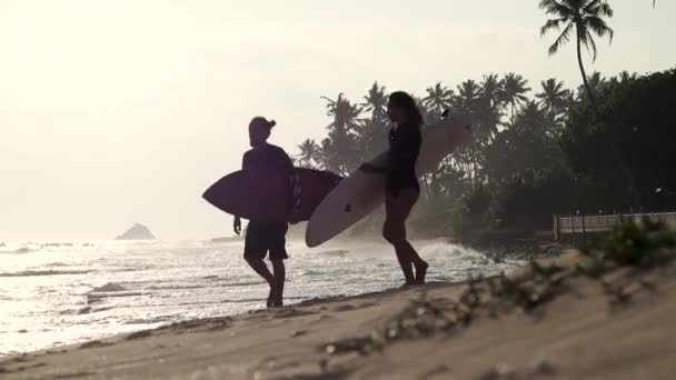 Dva mladí lidé chodí se surfovým prknou na pláži v době západu slunce. — Stock video