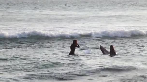 Молодая пара серферов плавает у океана на досках для сёрфинга — стоковое видео