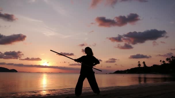 一个年轻的有权势的女人站在海滩上的剪影与功夫棒在日落时分的大海背景 — 图库视频影像