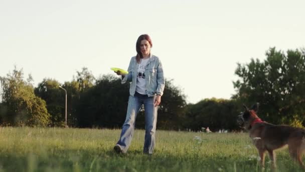 一个年轻女子正在公园里训练她的狗 狗从女人的背上跳下 试图抓住飞盘 — 图库视频影像