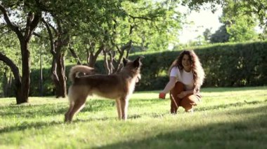 Yaz günü parkta köpeğiyle oynayan genç ve güzel kıvırcık bir kadın.