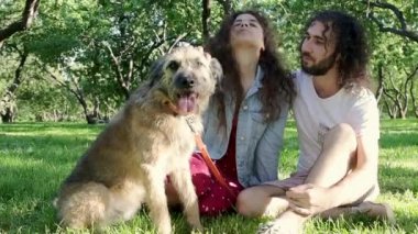 Genç ve neşeli bir çift köpekleri ile parkta çim üzerinde oturan.