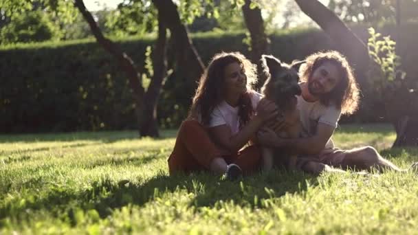 Una giovane coppia allegra abbracciare il loro cane shaggy al parco il giorno d'estate . — Video Stock