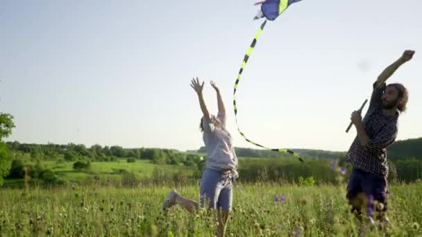 Молодая счастливая любящая пара запускает воздушного змея в летнем поле — стоковое видео