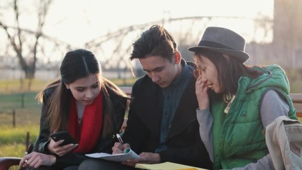 Tres adolescentes asiáticos haciendo deberes en el parque al atardecer — Vídeo de stock