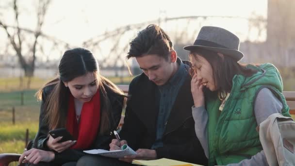 Tres adolescentes asiáticos haciendo deberes en el parque al atardecer — Vídeos de Stock