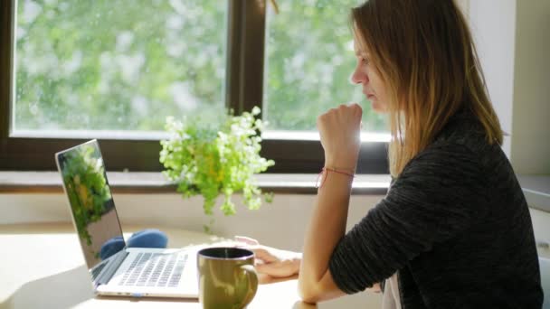 Mujer joven freelancer trabajando en freelance desde casa escribiendo correo electrónico en un ordenador portátil — Vídeos de Stock