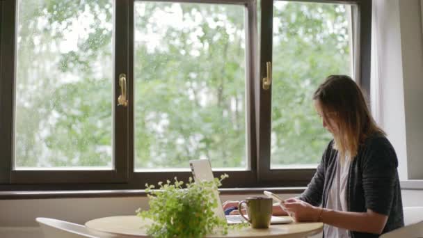 Mujer joven freelancer trabajando en freelance desde casa escribiendo correo electrónico en un ordenador portátil — Vídeos de Stock