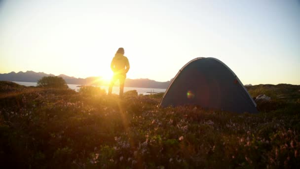 Junge Frau auf einem Hügel mit wunderschönem Blick auf den Sonnenuntergang am Fjord. — Stockvideo