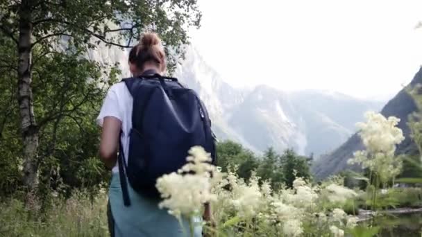 Mujer joven viajera con una mochila caminando por el prado con flores . — Vídeo de stock