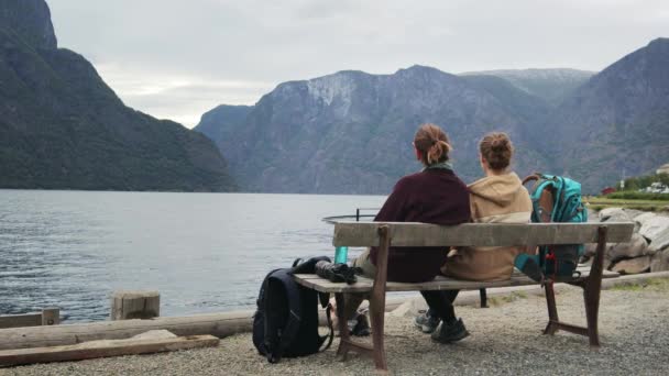 Two Young Women Travelers Sitting Bench View Fjord Resting — Stock Video