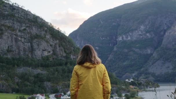 Imagens Cinematográficas Jovem Mulher Beira Uma Colina Desfrutando Vista Superior — Vídeo de Stock