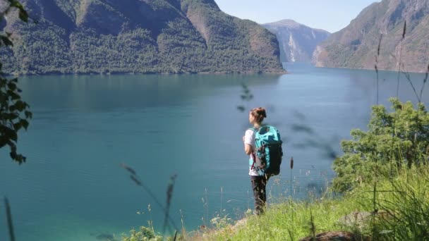 Ung kvinna med en stor ryggsäck stående vid kanten av kullen — Stockvideo