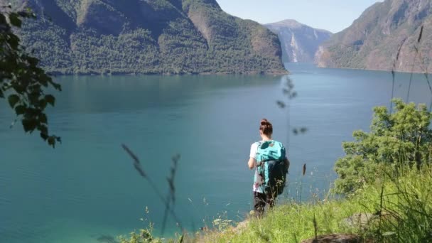 Mujer joven con una gran mochila caminando al borde de la colina — Vídeos de Stock