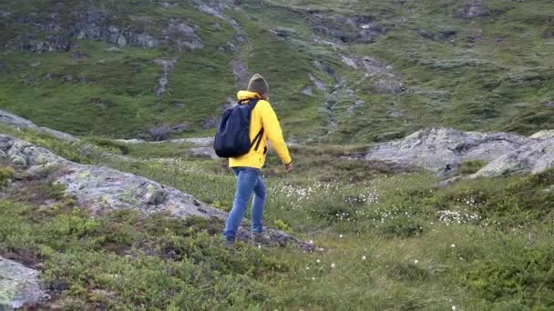 Vrouw backpacker in een fel geel jasje wandelen in de bergen — Stockvideo