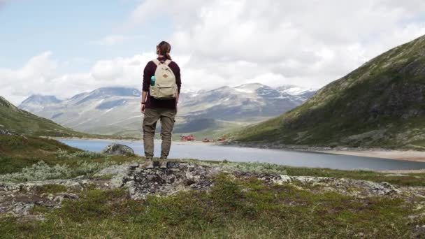 Kobieta Backpacker stoi przed górskim jeziorem i ciesząc się widokiem. — Wideo stockowe