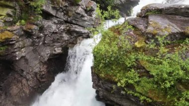 Bulutlu bir günde, yeşil bitkilerin ortasında küçük, güzel bir şelale, Norveç.