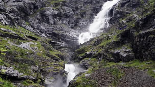 Bulutlu bir günde, yeşil bitkilerin ortasında küçük, güzel bir şelale, Norveç. — Stok video