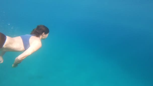 Mujer joven buceando y nadando en agua de mar azul claro . — Vídeos de Stock