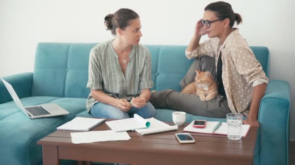 Twee jonge vrouwen bespreken een zakelijk project thuis op de bank — Stockvideo