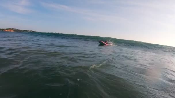 Молодая женщина-новичок-сёрфер терпит неудачу при попытке поймать океанскую волну — стоковое видео