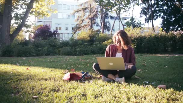 Nuori tyttö opiskelija istuu nurmikolla puistossa kannettavan tietokoneen ja älypuhelimen — kuvapankkivideo