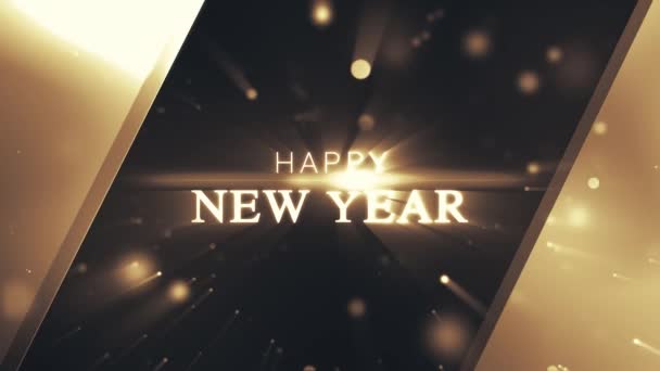 Gott nytt år hälsningar grafikkort med lysande gyllene bokeh partiklar — Stockvideo