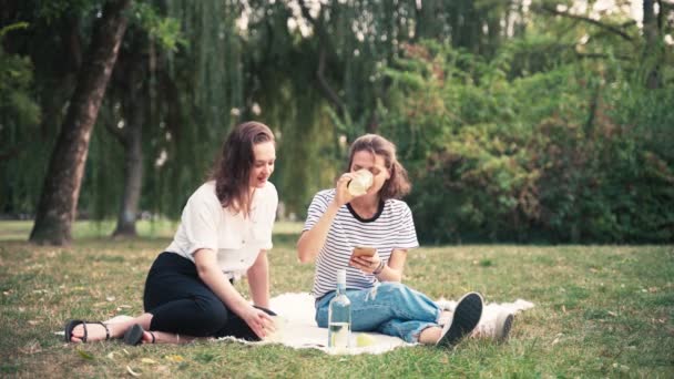 Δύο νεαρές γυναίκες κάθονται σε μια κουβέρτα στο πάρκο και πίνουν κρασί. — Αρχείο Βίντεο