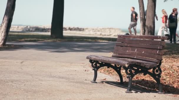 Ruční filmový záběr prázdné lavičky v podzimním parku — Stock video