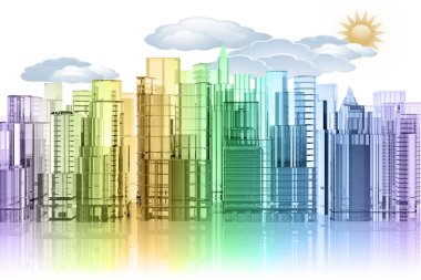 3D çizim. Yansıması ile beyaz arka plan üzerinde şehir manzarası