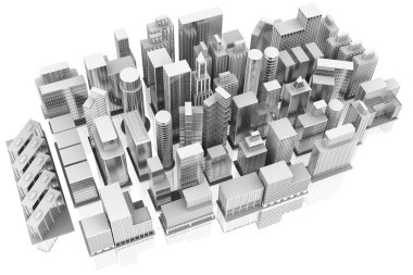 3D çizim. Şehir evleri ve gökdelenler yansıması ile beyaz arka plan üzerinde