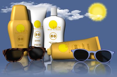 3D çizim. Güneş kremi ve güneş gözlüğü tarafından sembolize güneş, plaj tatil.