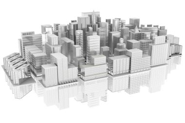 3D çizim. Şehir evleri ve gökdelenler yansıması ile beyaz arka plan üzerinde
