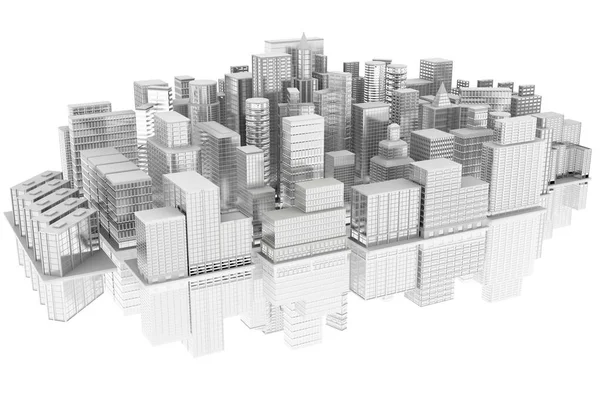 3D çizim. Şehir evleri ve gökdelenler yansıması ile beyaz arka plan üzerinde