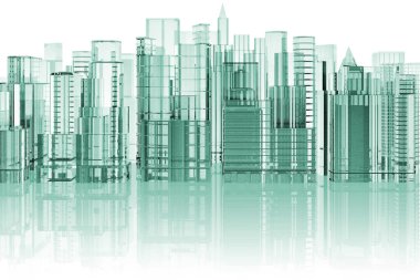 3D çizim. Yansıması ile beyaz arka plan üzerinde şehir manzarası