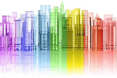 3D çizim. Yansıması ile beyaz arka plan üzerinde şehir manzarası