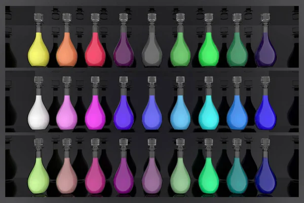 Ilustracja Seria Kolorowych Butelek Różnych Odcieniach Półce — Zdjęcie stockowe