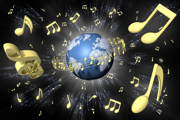 イラスト 音楽五芒星は 世界中に展開します 背景の音符の宇宙で — ストック写真