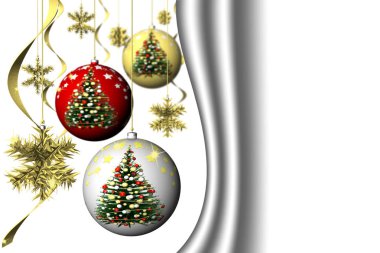 Noel zamanı. Yılbaşı süslemesi ve metin için yer. Beyaz arkaplan.