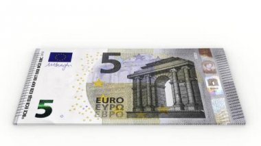 Videolar. 3D çizim. Beyaz bir arka plan üzerinde beş Euro banknot yığını artırmak