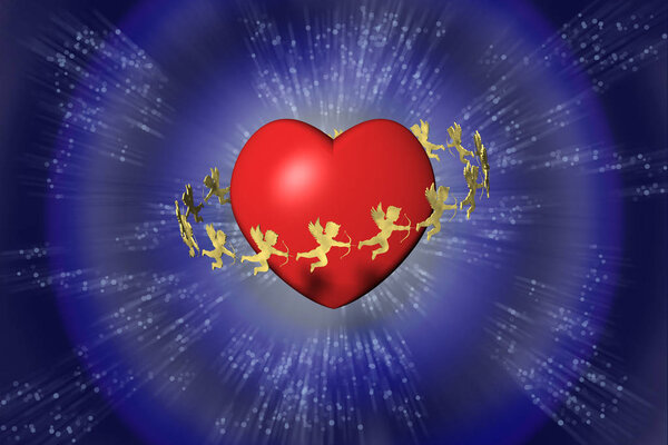 Валентин, сердце и купидон. Голубой фон
